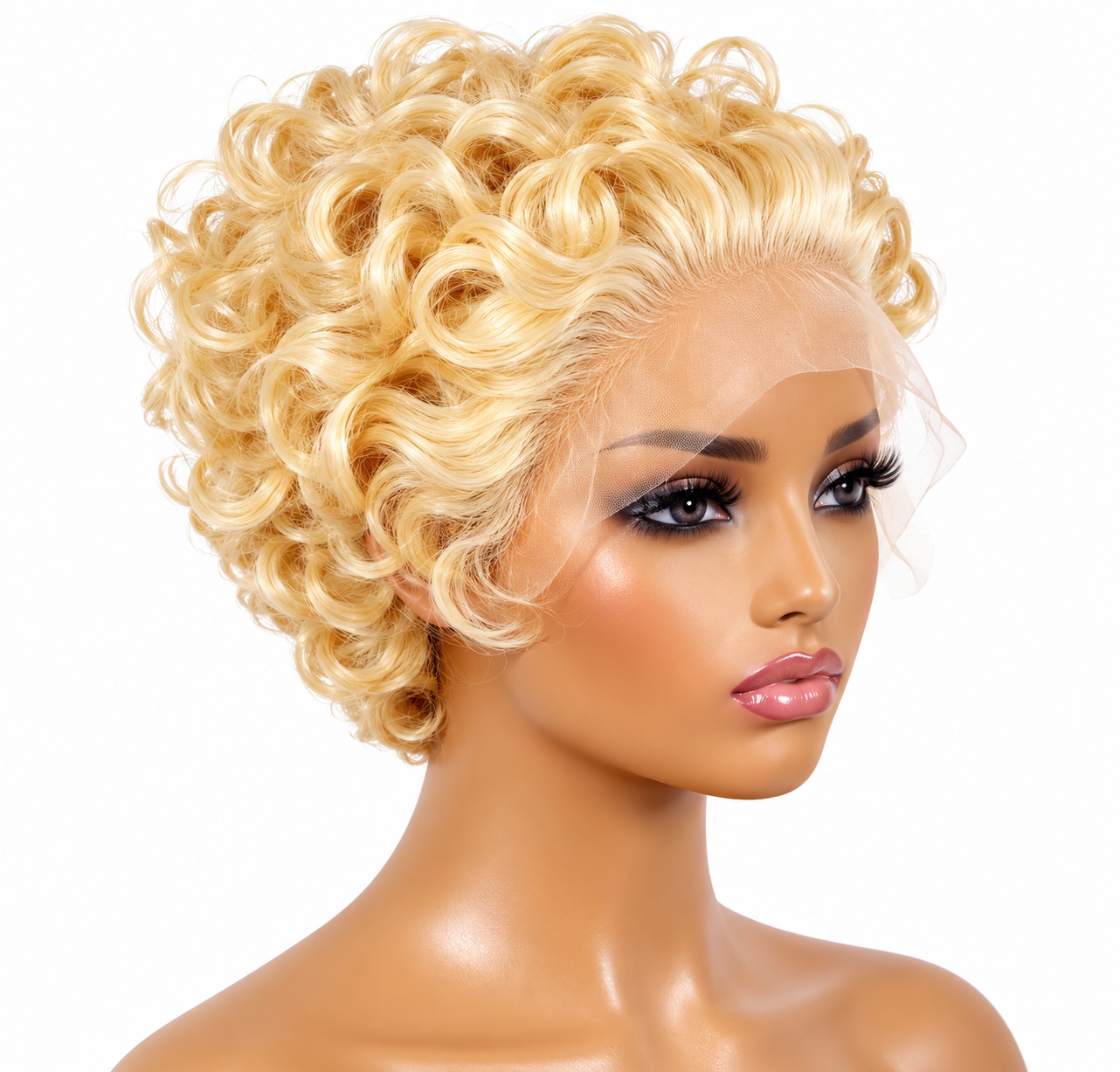 8 inch curly human hair Pixie Wig in blonde front view