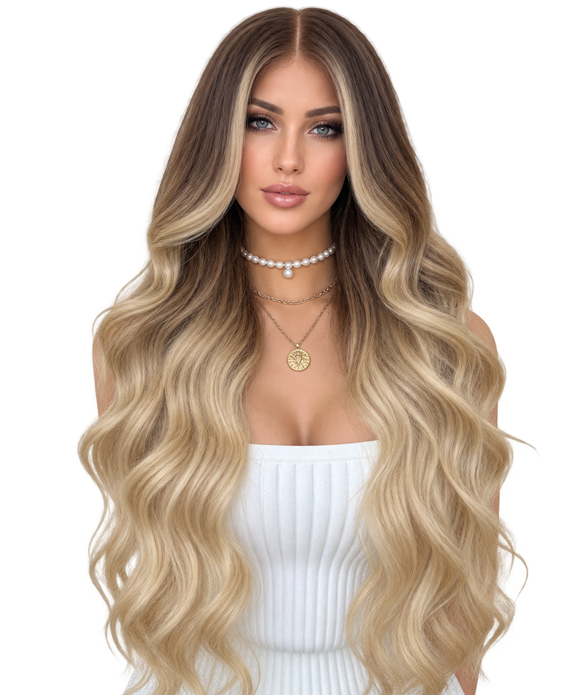 Honey blonde balayage body wave Russian or Slavic luxury human hair wig